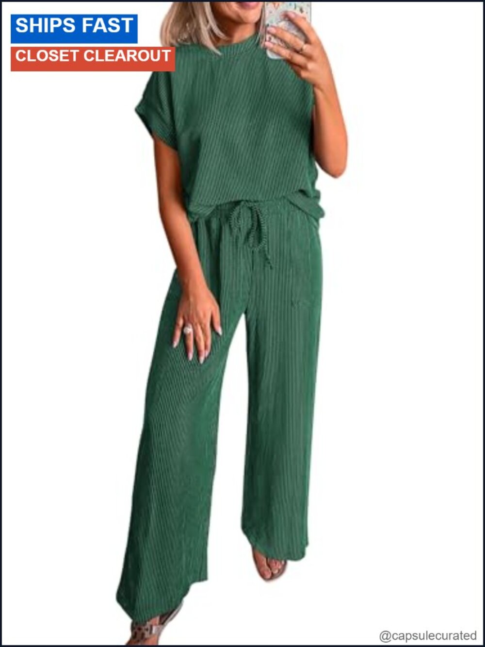 2 Piece Ribbed Knit Lounge Set Short Sleeve Top Wide Leg Pants Matching Set